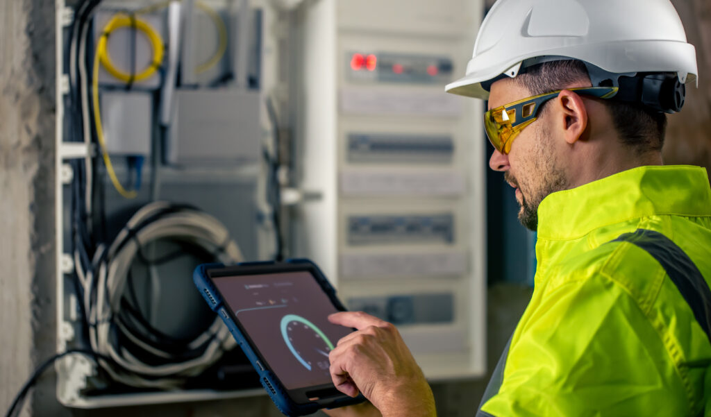 Man, an electrical technician working in a switchboard with fuses. Installation and connection of electrical equipment.